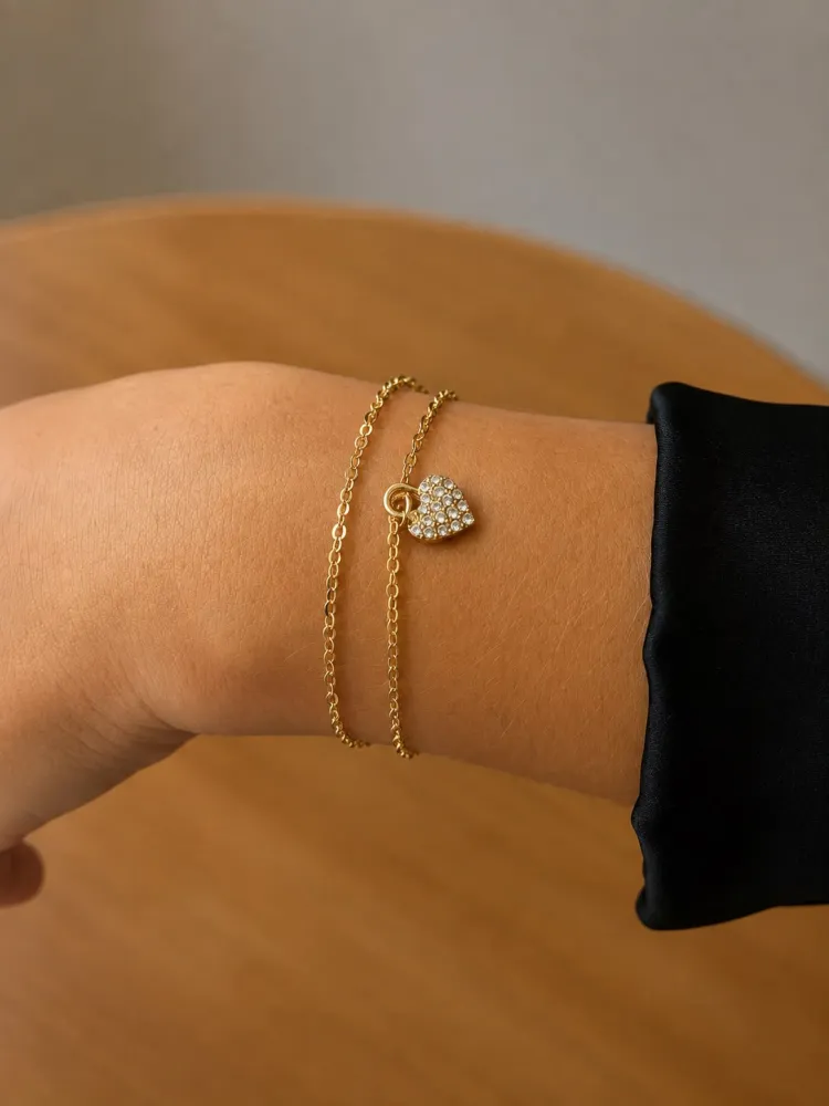 Pulseira Dourada Dupla Coração Cravejado Bijuteria