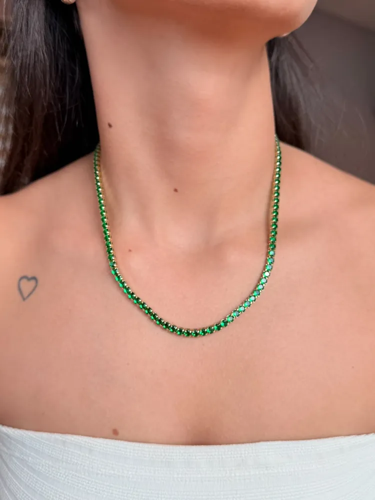 Colar Riviera Tradicional Dourada com Verde Bijuteria