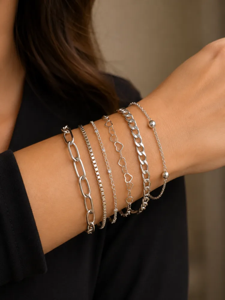Pulseiras Prata Diversificadas Kit com 6 Bijuteria