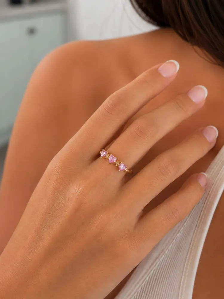 Anel Dourado Três Corações Rosa Bijuteria