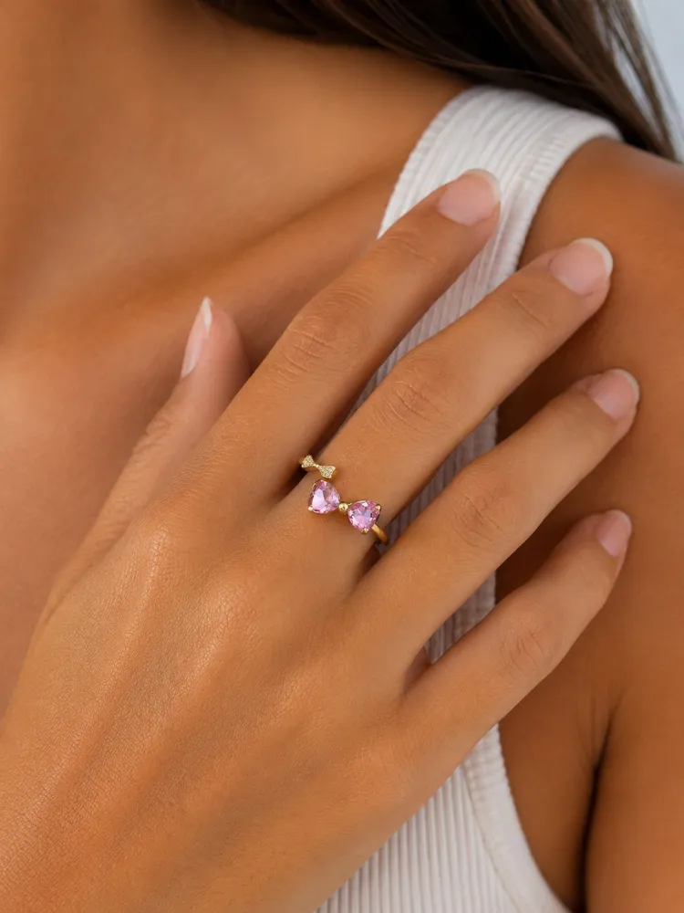 Anel Dourado com Laço Rosa e Dourado Bijuteria