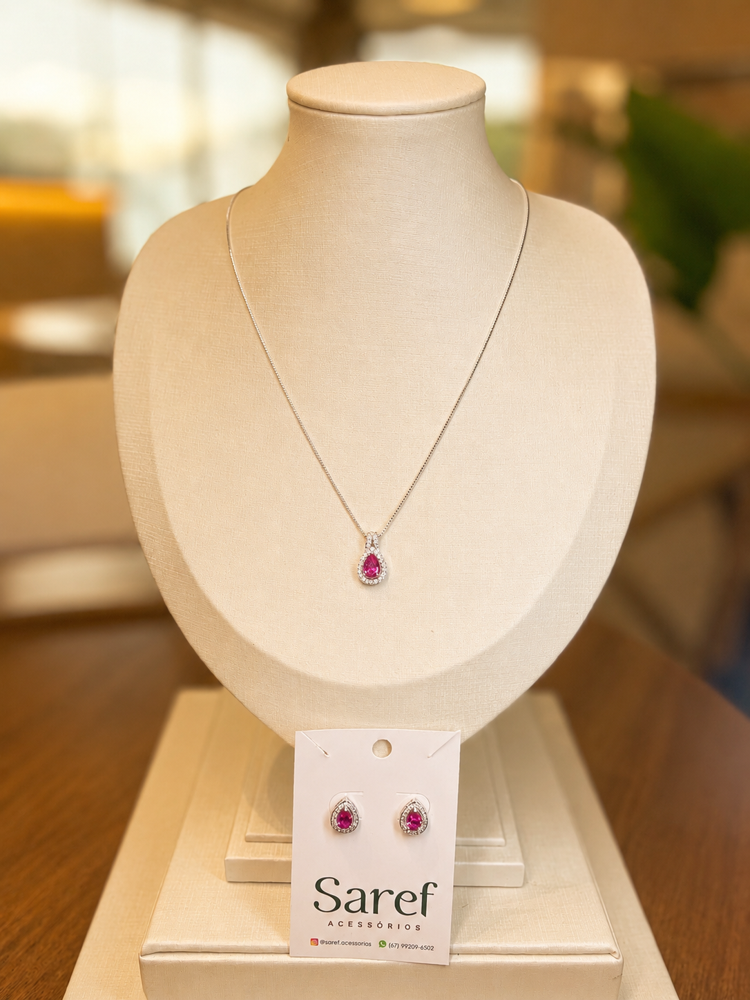 Conjunto prata Gota cravejado pink