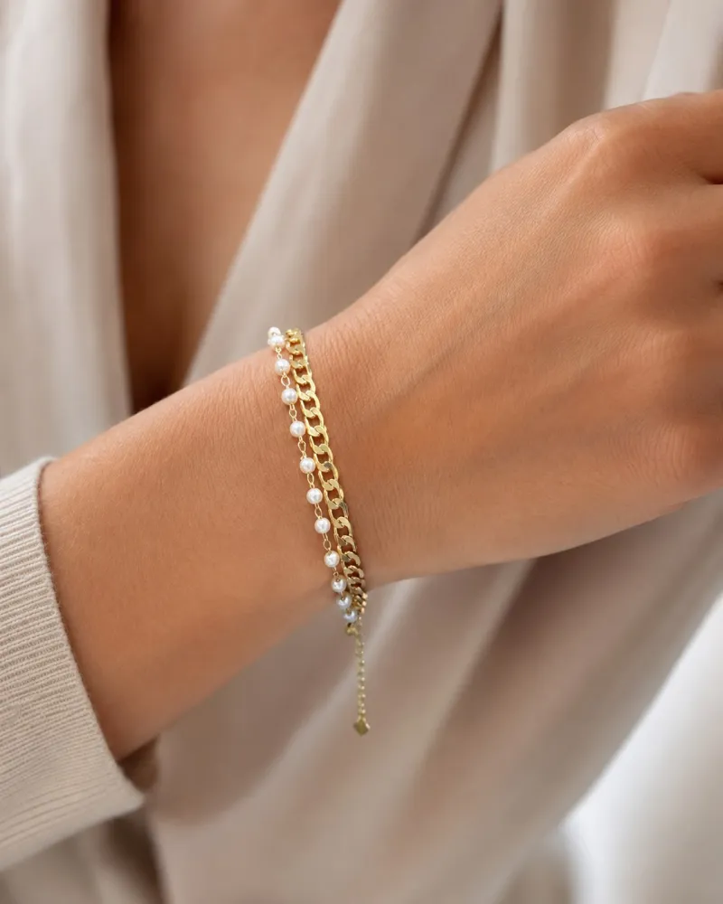 Pulseira Dourada Perola e Elos