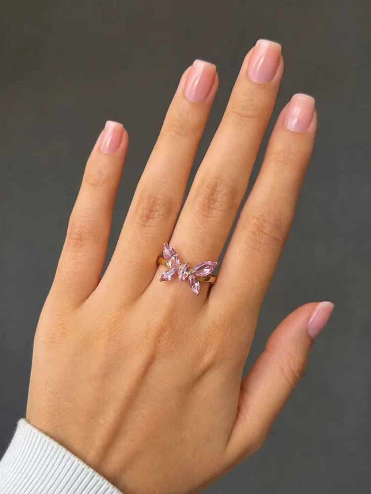 Anel Dourado Borboleta Pedra Rosa Bijuteria