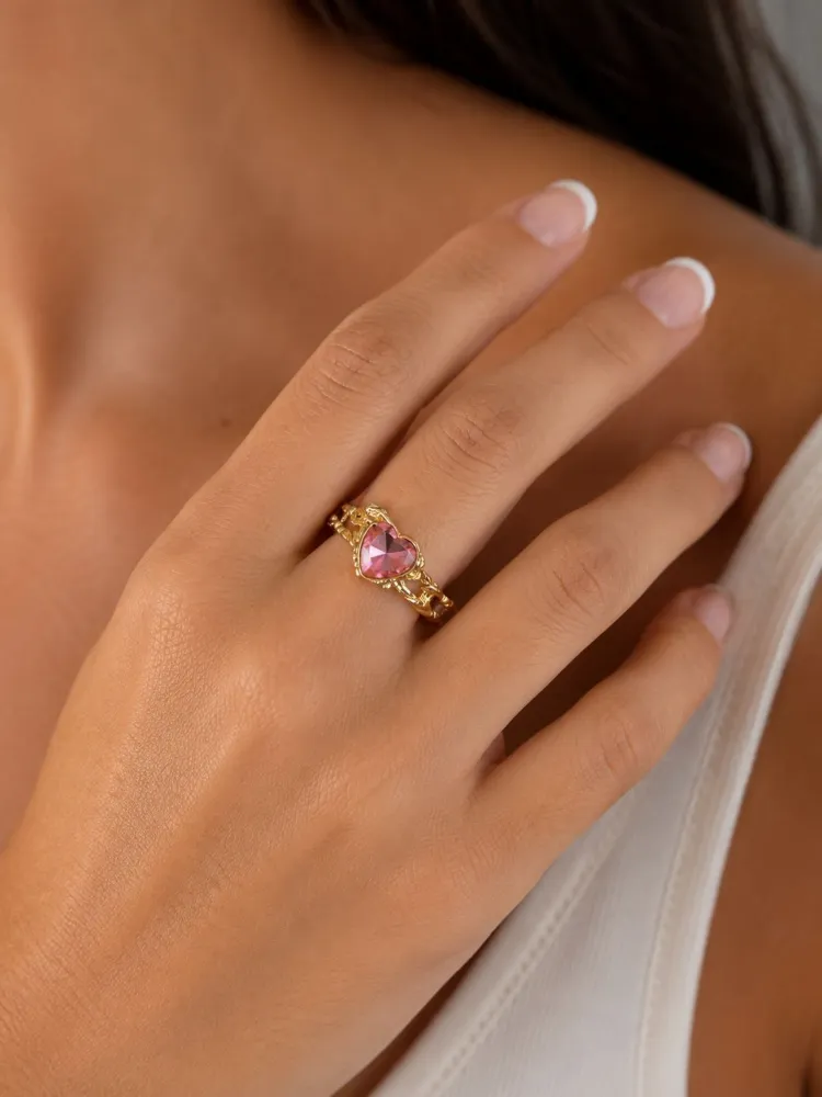 Anel Dourado Coração Pedra Rosa Bijuteria
