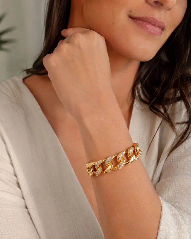 Pulseira Dourada Elos Grande Cravejado