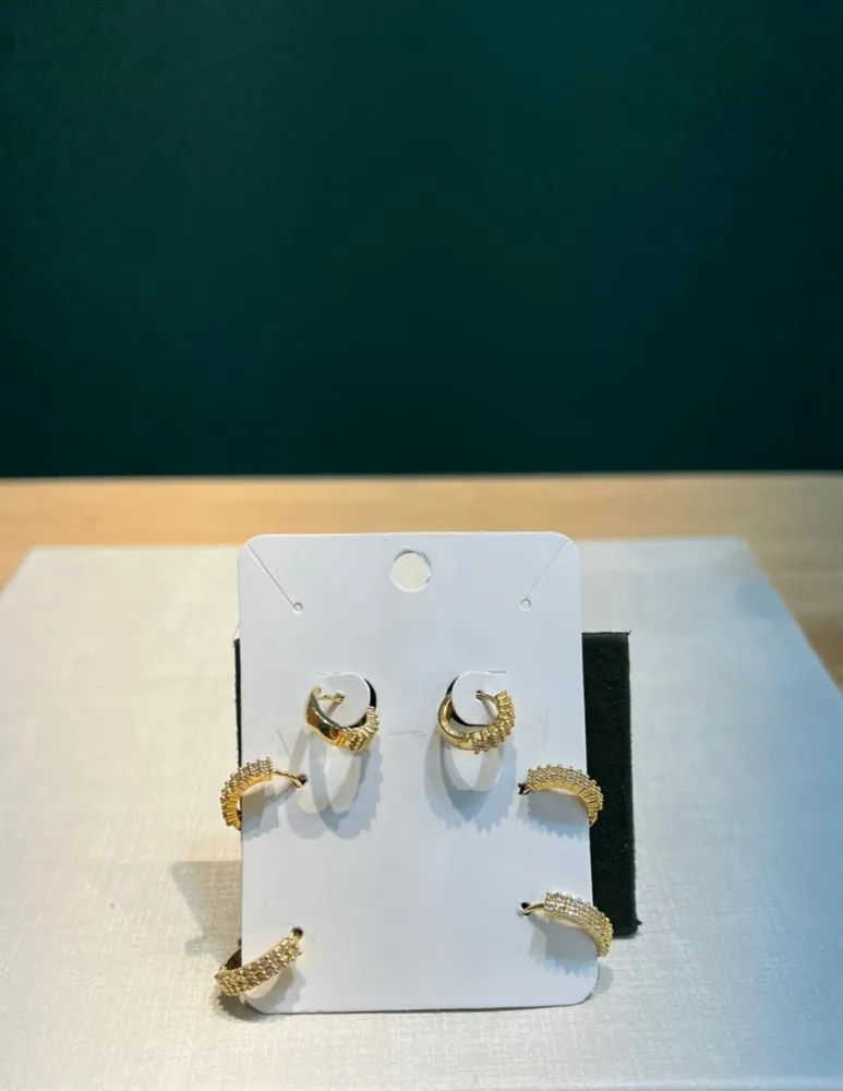 Brinco Trio Dourado Retangular de Argola Fina Cravejado