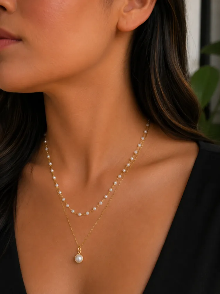 Colar Dourado Duplo com Perólas Bijuteria