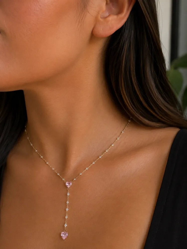 Colar Prata Cristal com Pedra Rosa Bijuteria