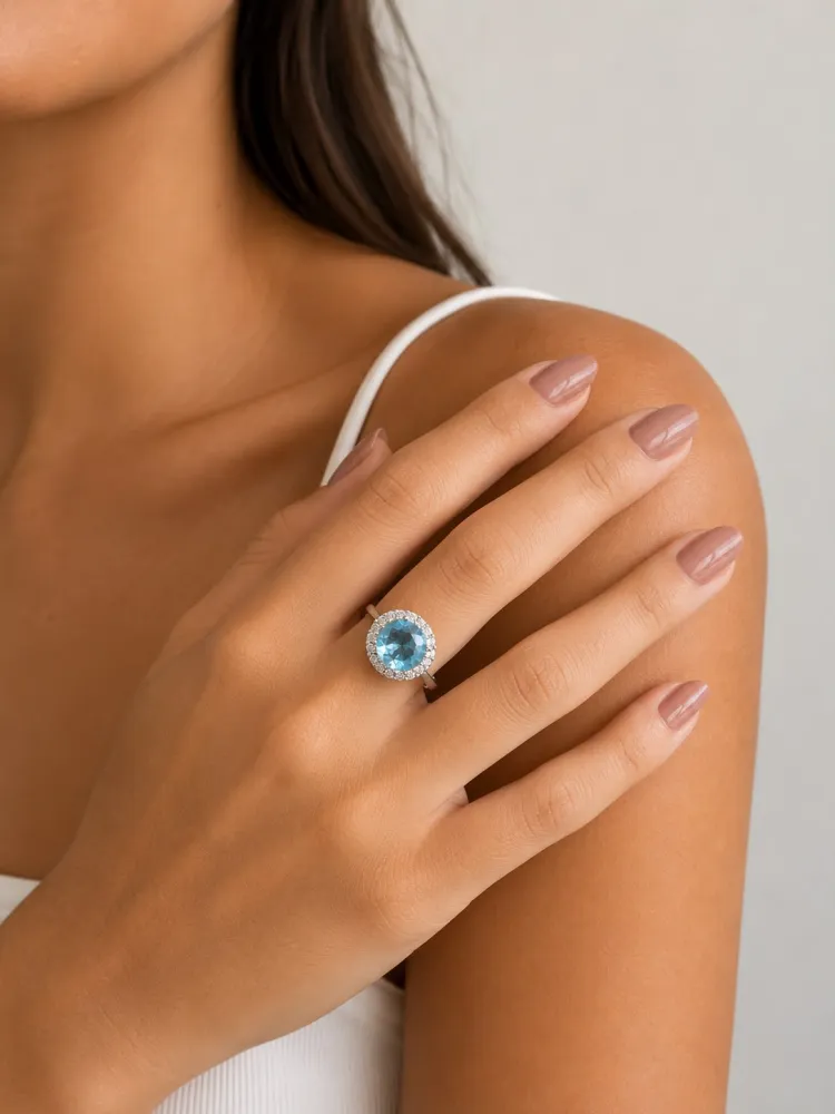 Anel Prata Pedra Azul Cravejado Semijóia ( Tam. 18)