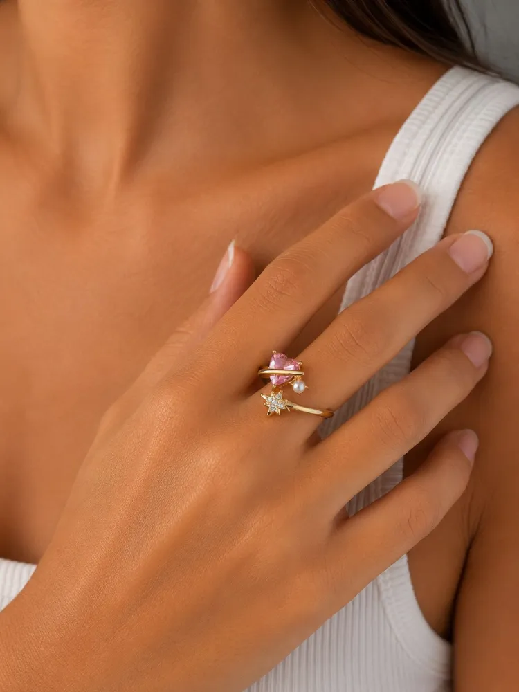 Anel Dourado Coração Rosa Estrela e Pérola Bijuteria