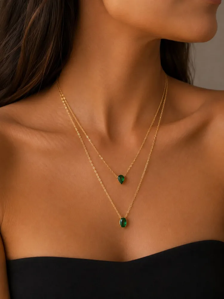 Colar Dourado Duplo Gota Verde Bijuteria