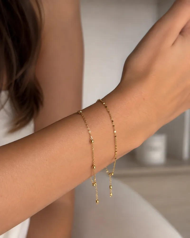Pulseira Dourada Bolinha Lisa e Trançada Kit 2 Unidades