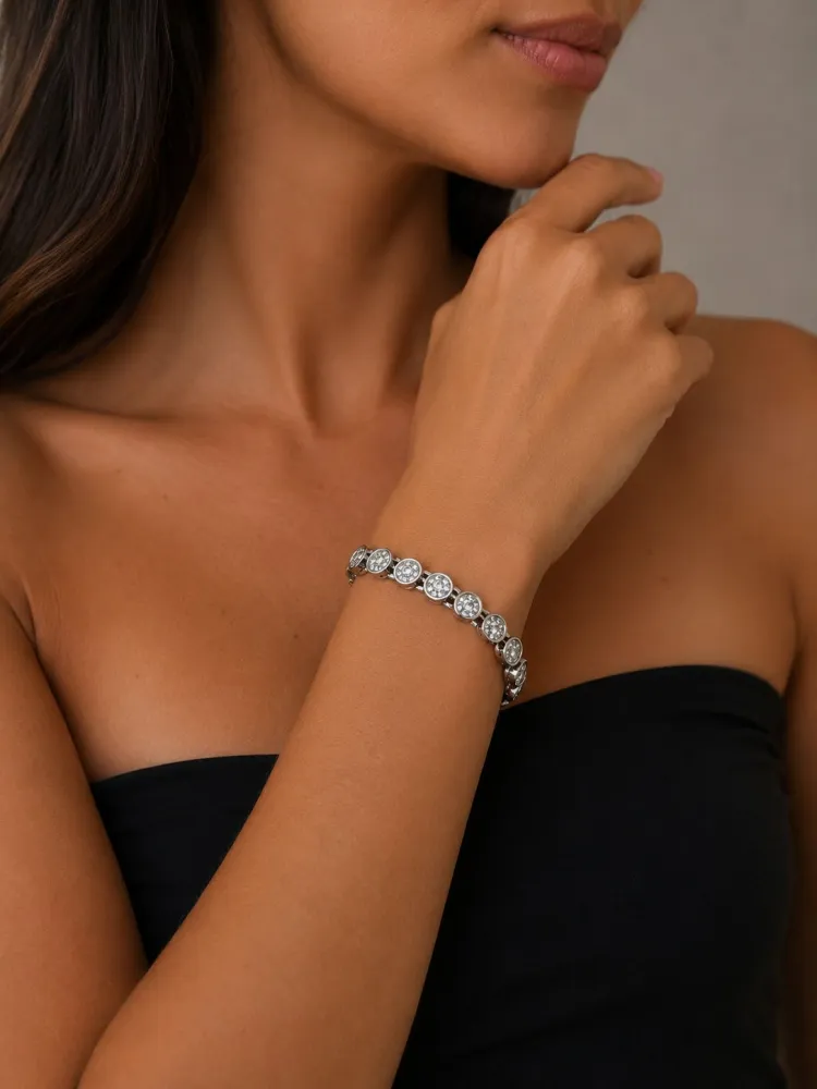 Pulseira Riviera Prata Redonda Cravejada Bijuteria
