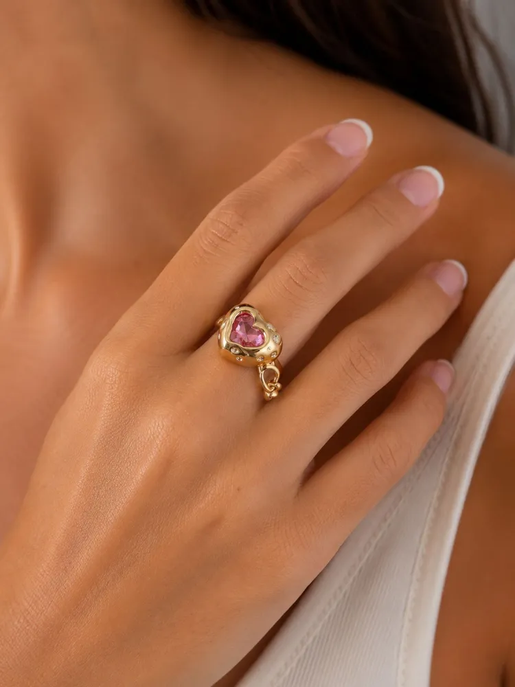 Anel Dourado Coração Rosa Maxi Bijuteria