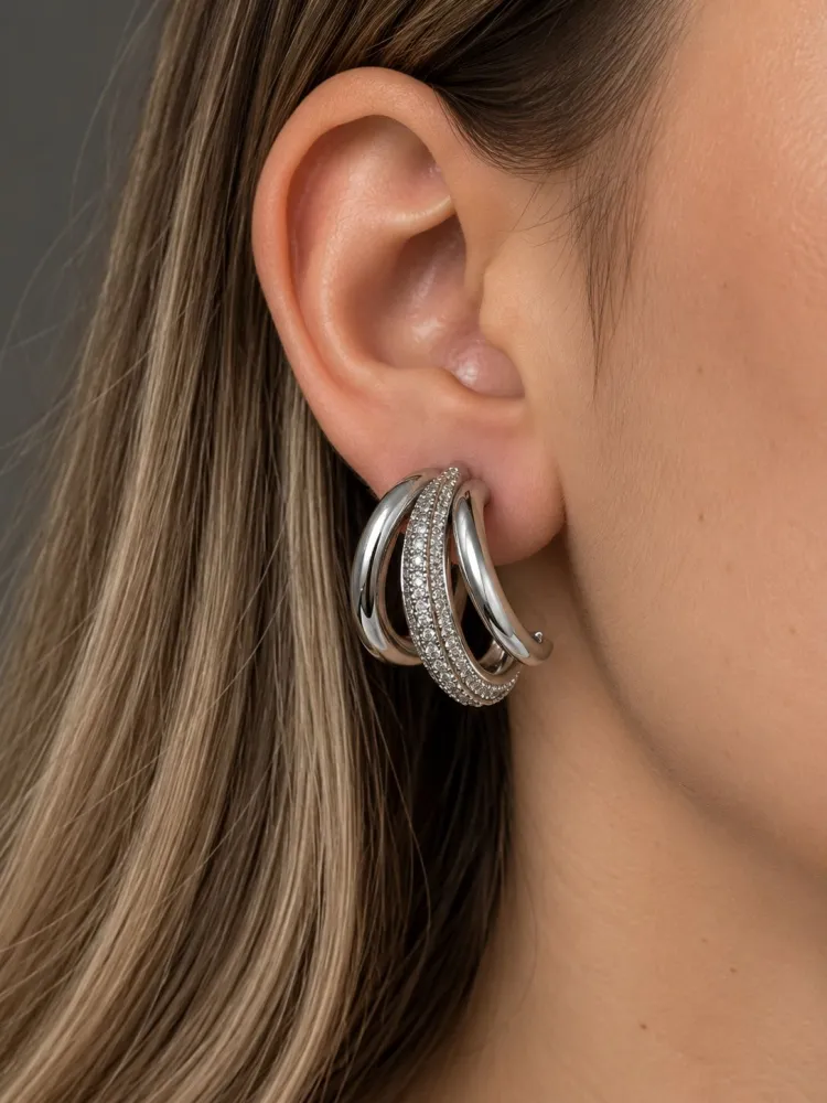 Brinco Prata Argola Três Aros com Cravejado Semijóia