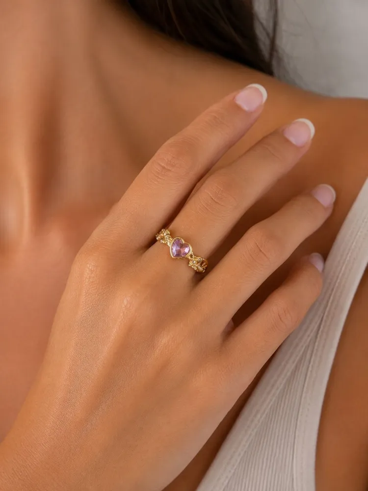 Anel Dourado Trabalhado Coração Rosa Bijuteria